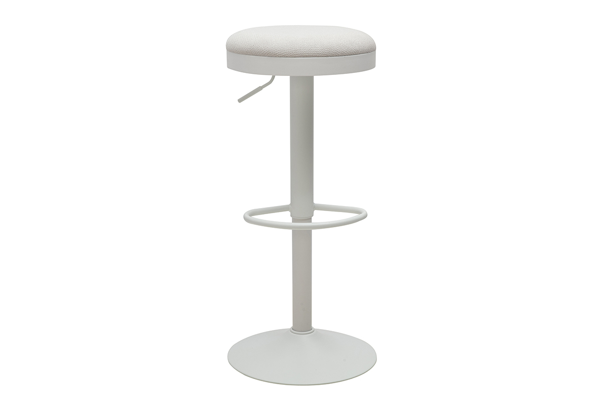 Taburete de bar ajustable en tejido de chenilla crudo y metal blanco, vista frontal.