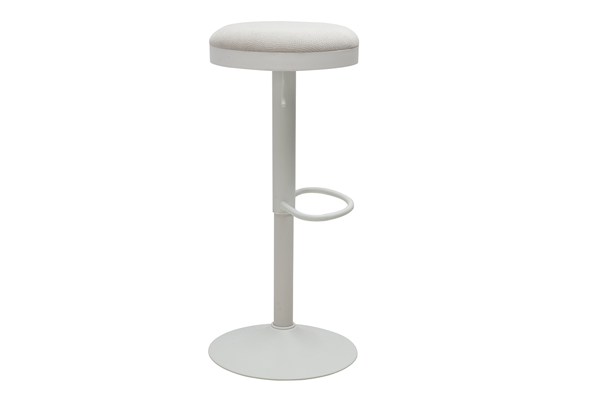 Taburete de bar ajustable en tejido chenilla crudo y metal blanco, vista de perfil