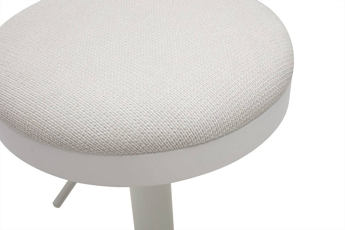 Asiento redondo de tela chenilla cruda con base de metal blanco, vista cercana