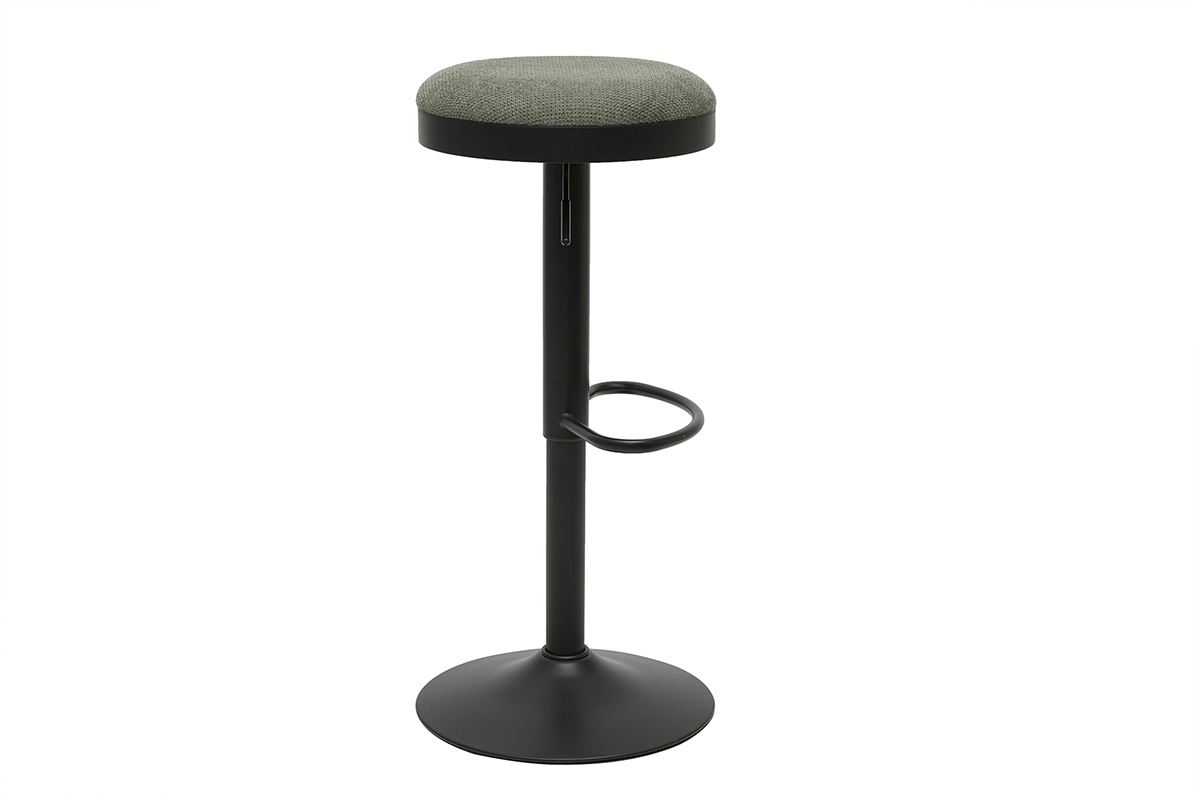Taburete de bar ajustable en tejido chenilla verde caqui y metal negro, vista de perfil.