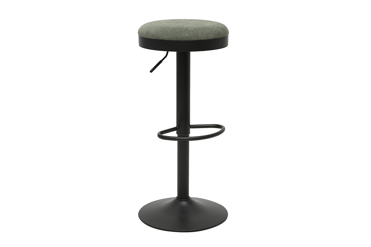 Taburete de bar ajustable en tejido chenilla verde caqui sobre base de metal negro, vista de 3/4.