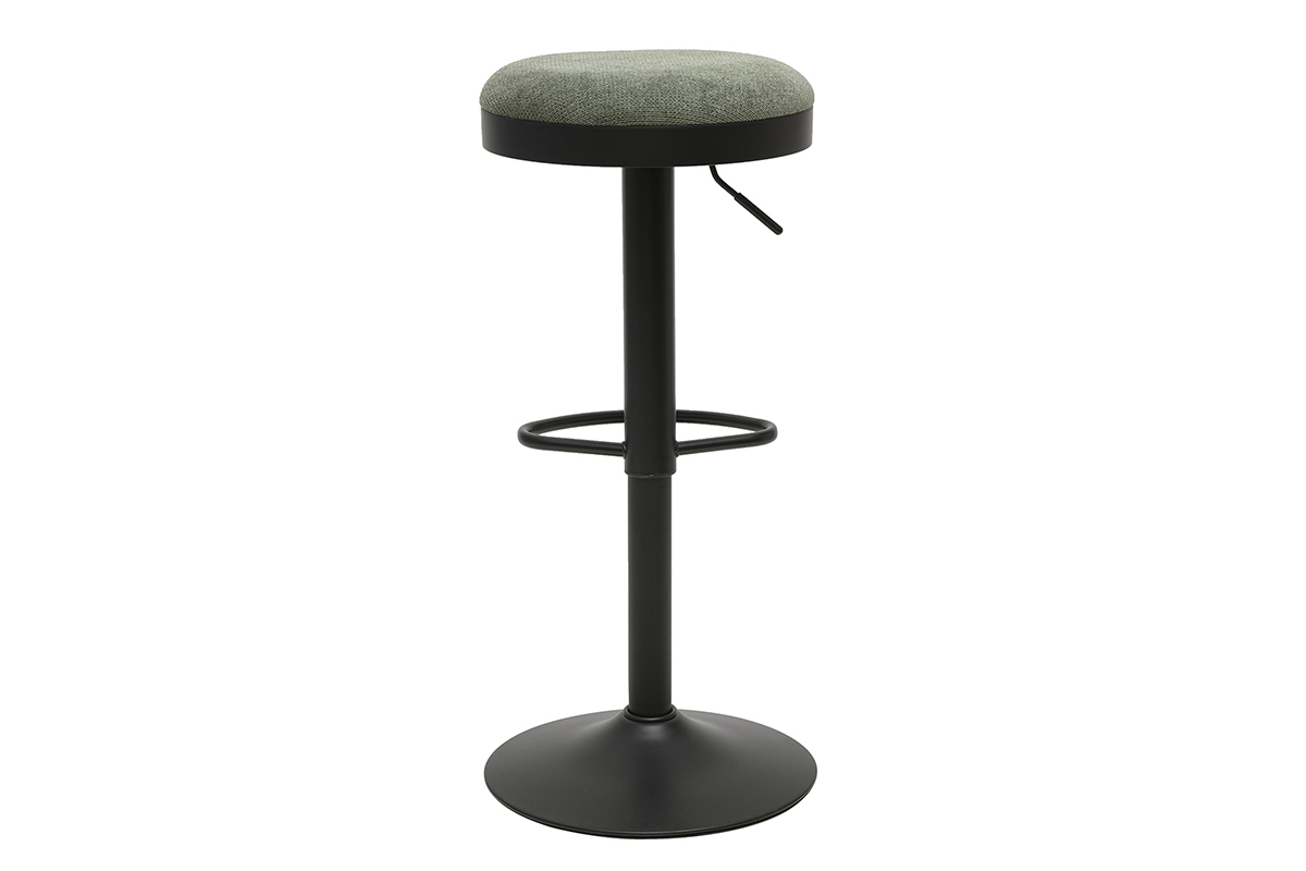 Taburete de bar ajustable en tejido de chenilla verde caqui y metal negro, vista trasera.