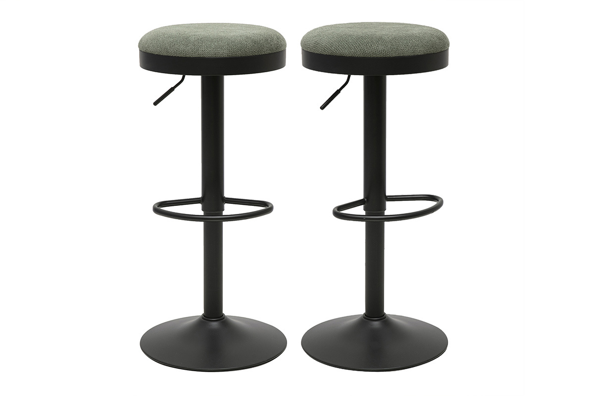 Taburetes de bar ajustables de tela chenilla verde caqui y metal negro, vista frontal.