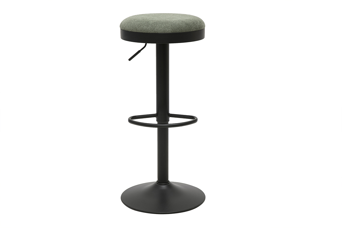 Taburete de bar ajustable en tejido de chenilla verde caqui y metal negro, vista frontal.