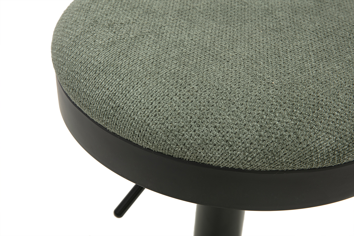 Asiento redondo de tejido chenilla verde caqui sobre base de metal negro, vista desde arriba