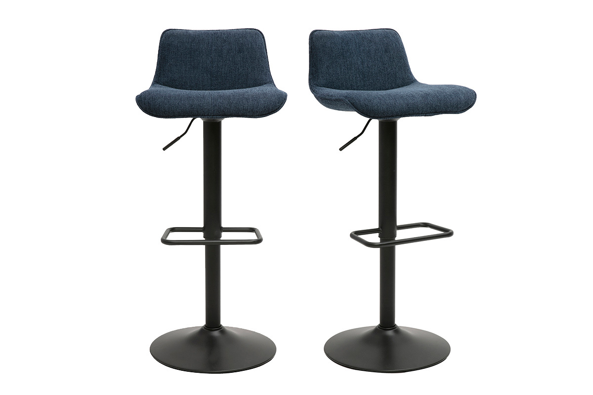 Taburetes de bar ajustables giratorios 360 en tejido de terciopelo azul oscuro texturizado y metal negro (juego de 2) BOOST
