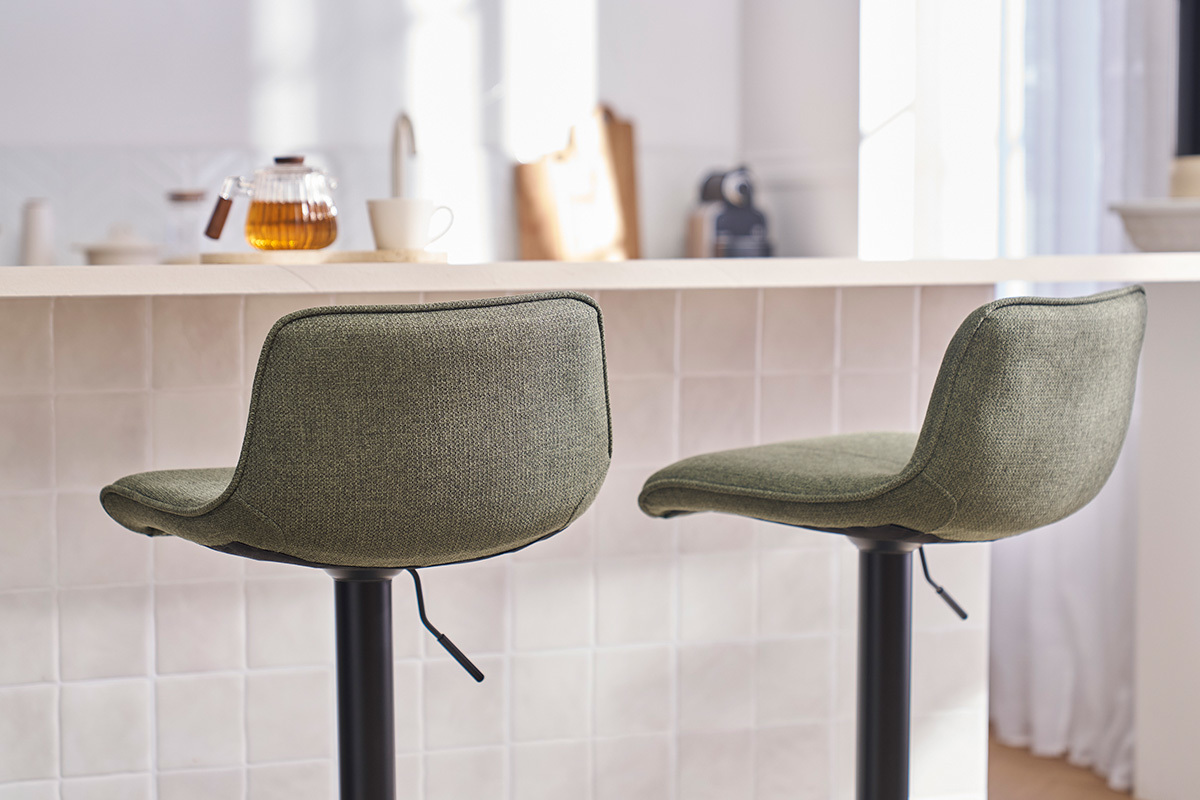 Taburetes de bar ajustables giratorios 360 en tela verde caqui y metal negro (lote de 2) BOOST