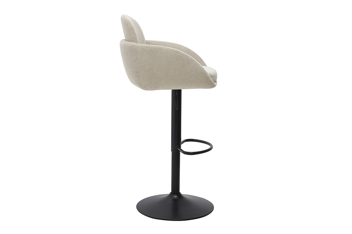 Taburete de bar ajustable giratorio 360� en tela beige, vista de perfil, con base de metal negro.