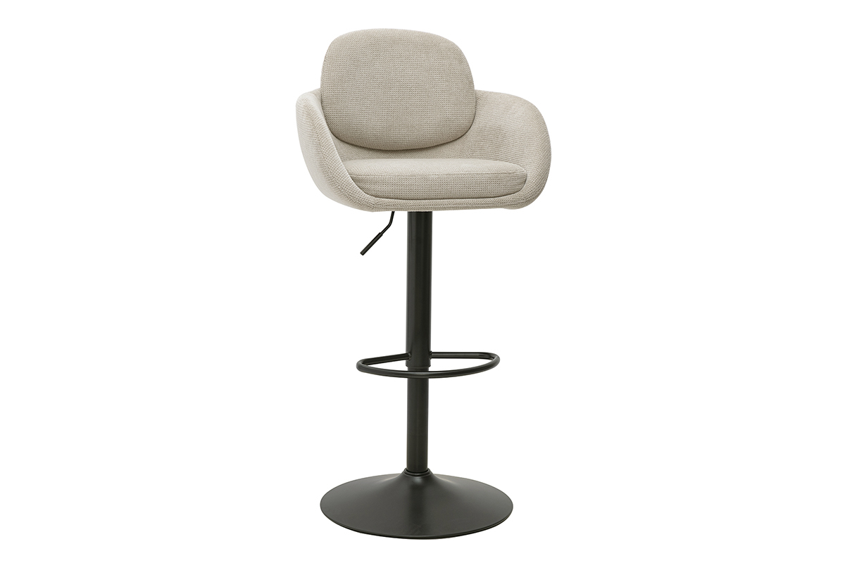 Taburete de bar ajustable giratorio 360� en tela con efecto terciopelo color beige y metal negro, vista en 3/4.
