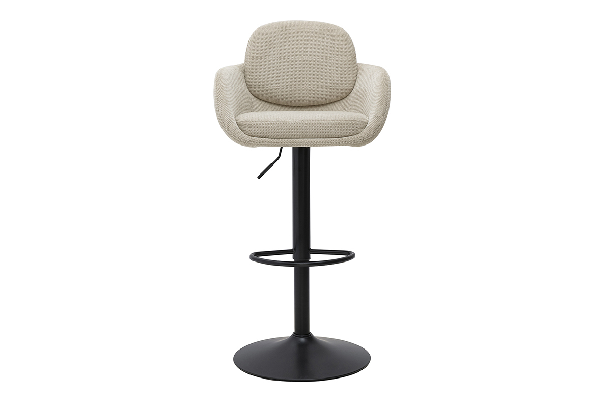 Taburete de bar ajustable con giro de 360�, tejido de terciopelo beige y metal negro, vista de frente.