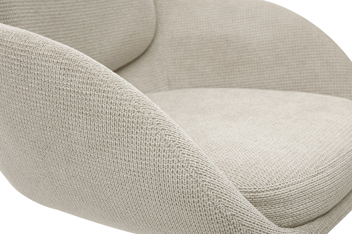 Detalle del asiento de un taburete de bar ajustable beige de tela con efecto terciopelo texturizado.