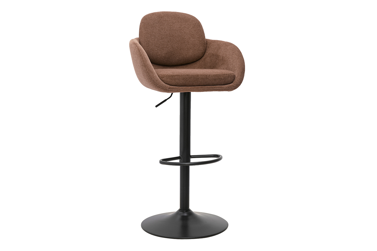 Banqueta de bar ajustable giratoria 360� en tejido chenilla color tierra quemada y metal negro, vista en 3/4.