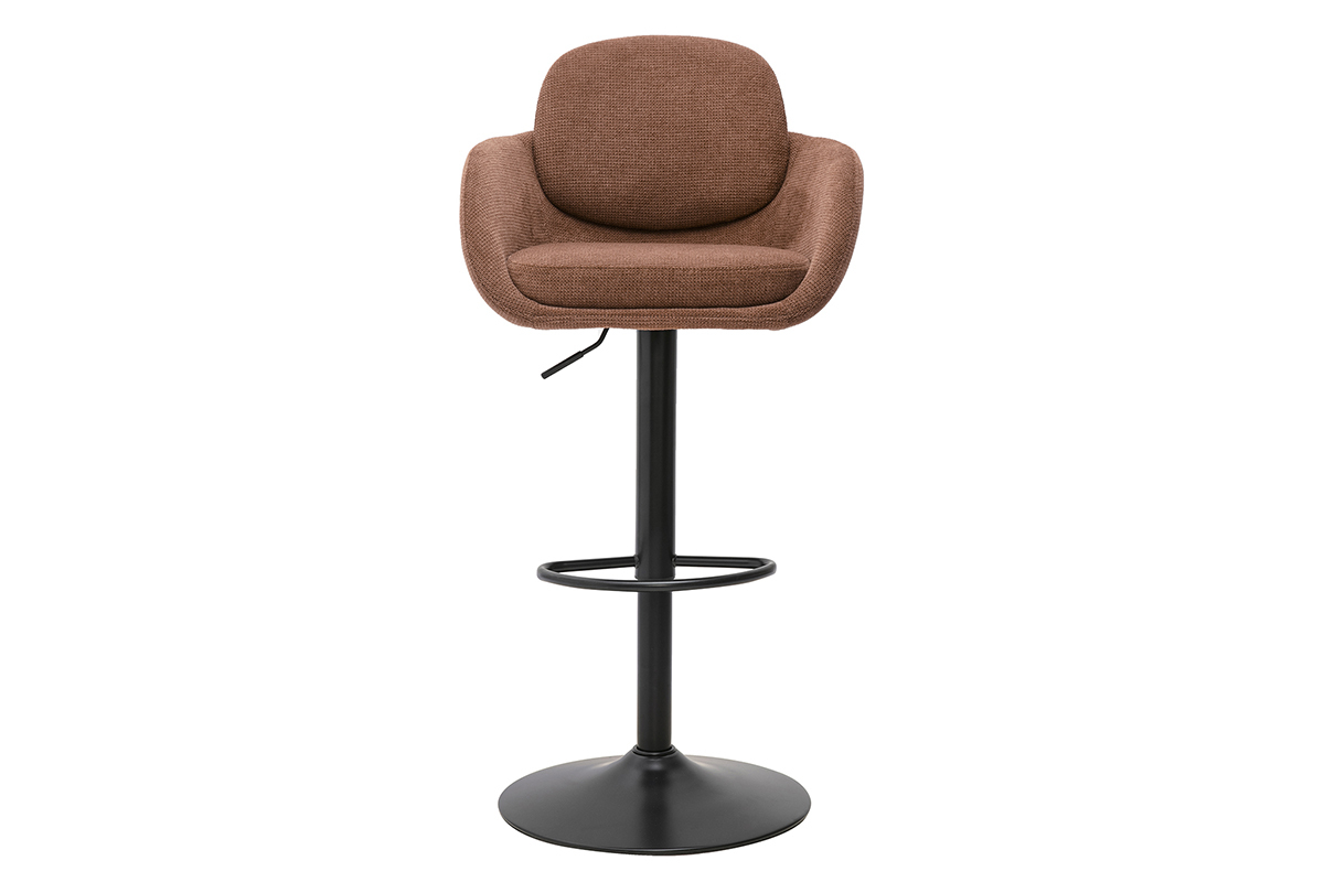 Taburete de bar ajustable giratorio 360� en tejido chenilla color tierra quemada y metal negro, vista frontal.