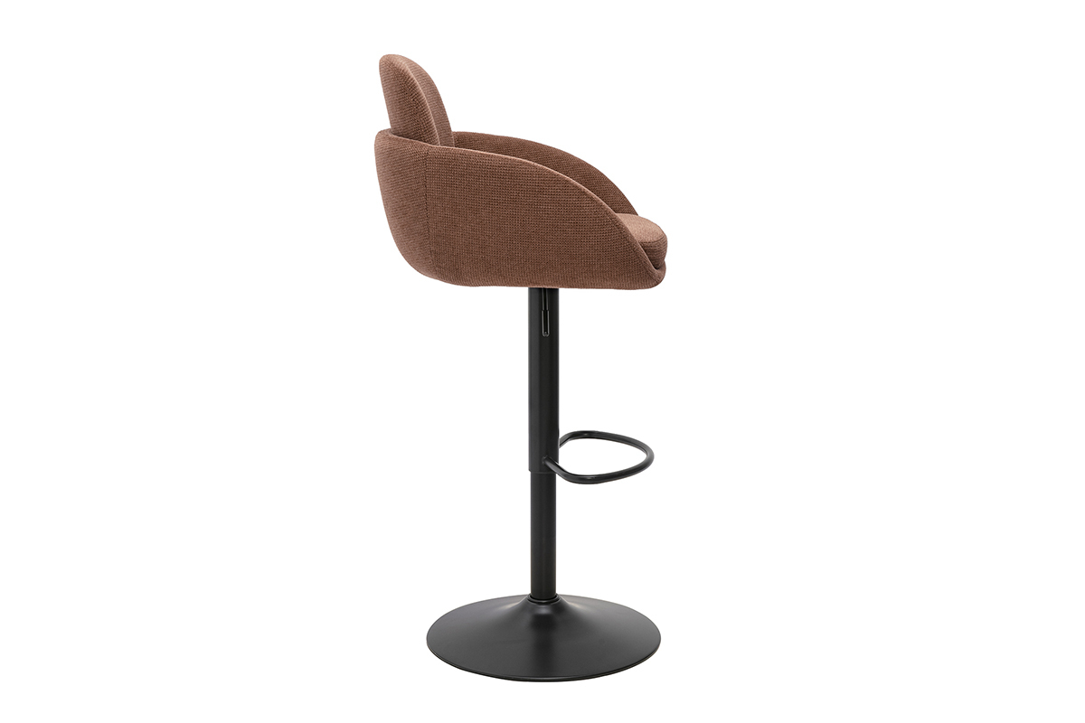 Taburete de bar ajustable de tela de chenilla color tierra quemada y metal negro, vista de perfil.