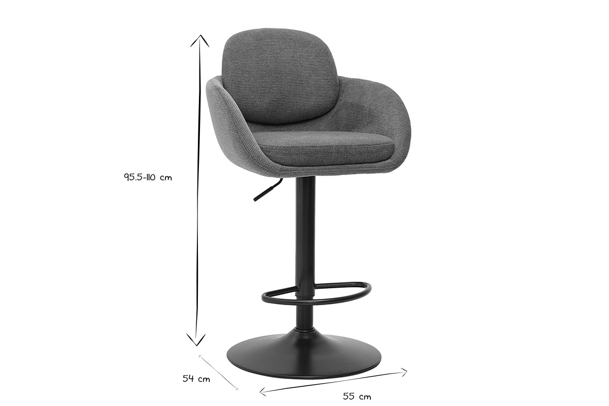 Dimensiones de los taburetes de bar SLAKE en negro y blanco, altura 95,5-110 cm, asiento 54 cm, anch. 55 cm.