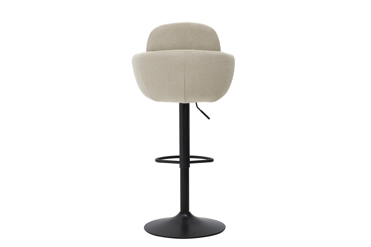 Taburete de bar de tela color beige, giratorio 360� con base de metal negro, vista trasera.