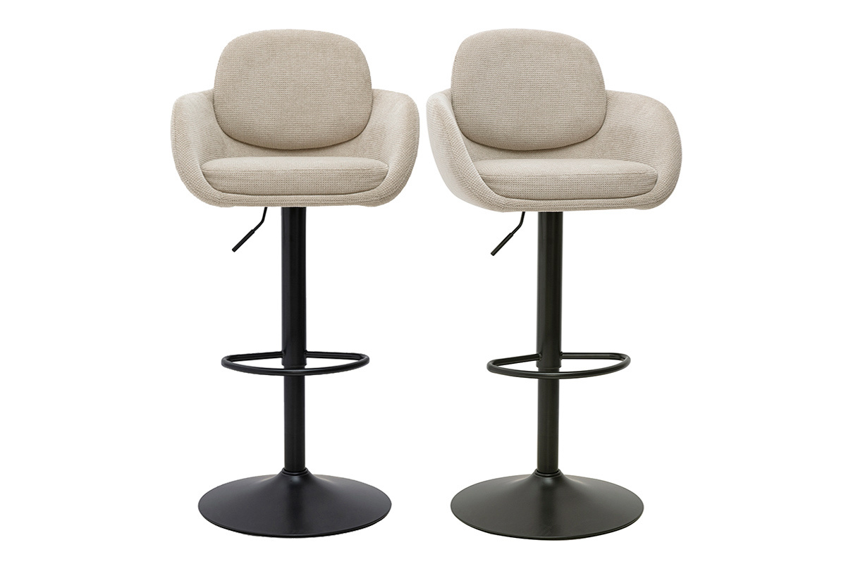 Juego de 2 taburetes de bar ajustables en tela beige y metal negro, vista frontal