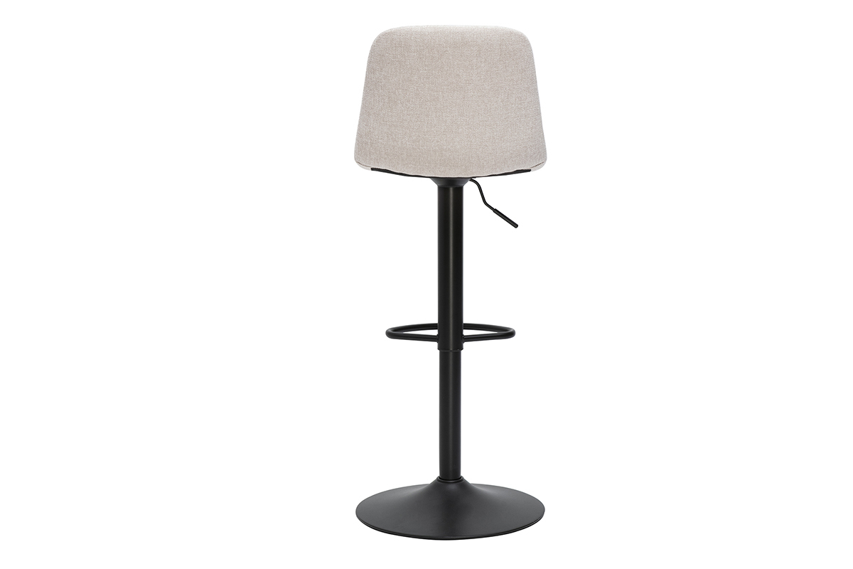 Taburete de bar beige ajustable con pie de metal negro, vista trasera.