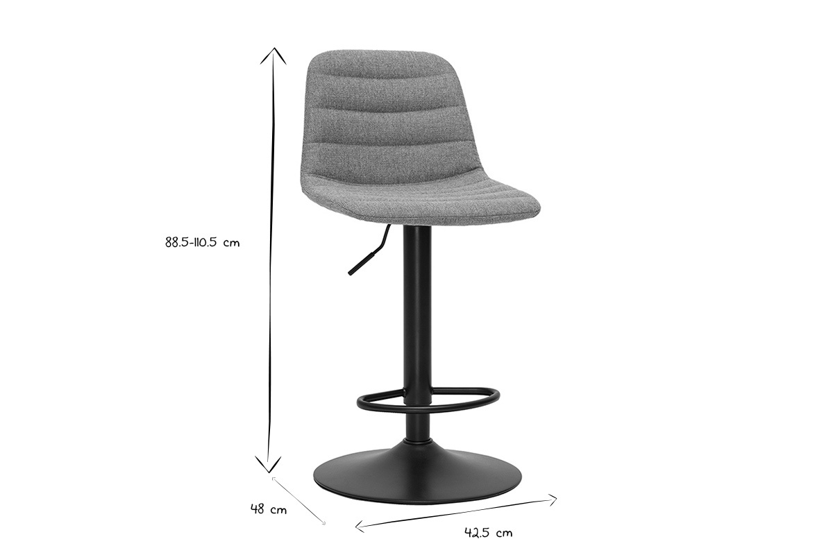 Dimensiones del taburete de bar ajustable, 88,5-110,5 cm de altura, 48 cm de ancho, en negro y blanco.
