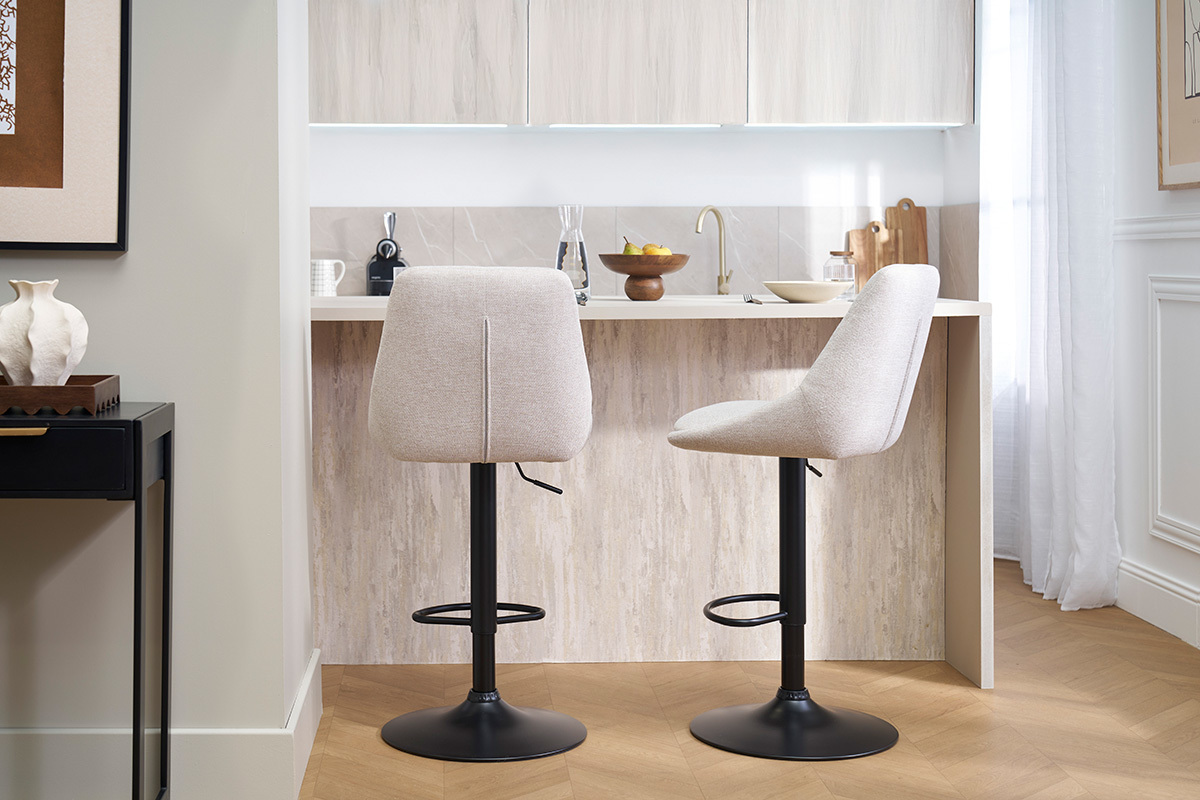 Taburetes de bar ajustables giratorios 360� en tela efecto terciopelo texturizado beige y metal (juego de 2) ALESS