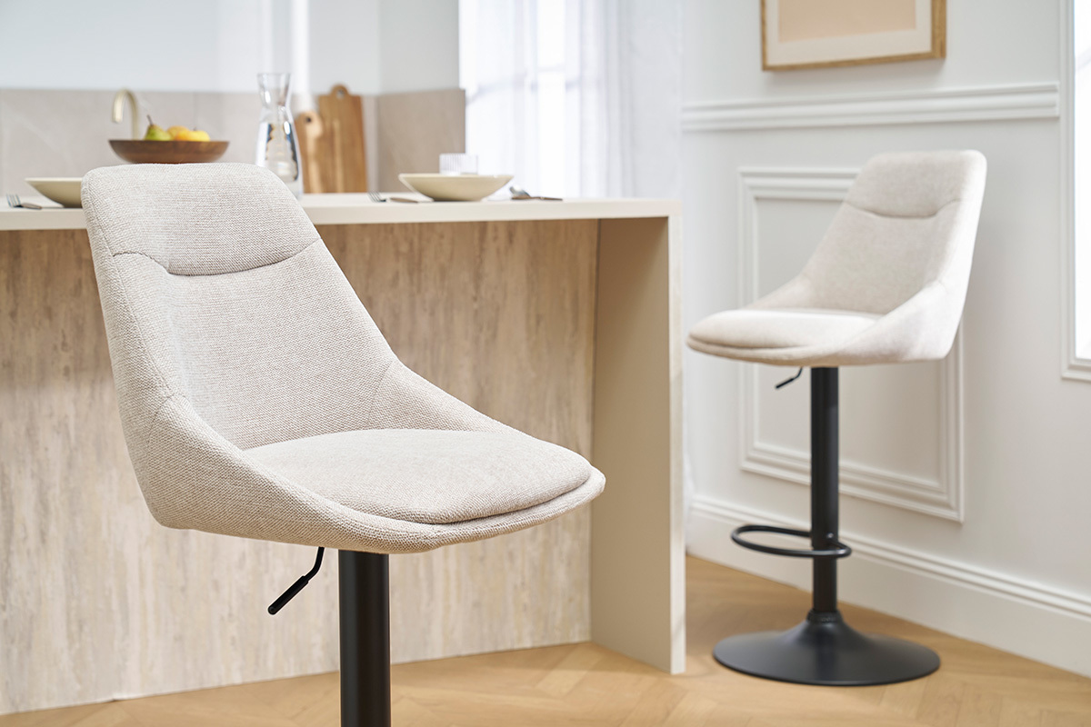 Taburetes de bar ajustables giratorios 360� en tela efecto terciopelo texturizado beige y metal (juego de 2) ALESS