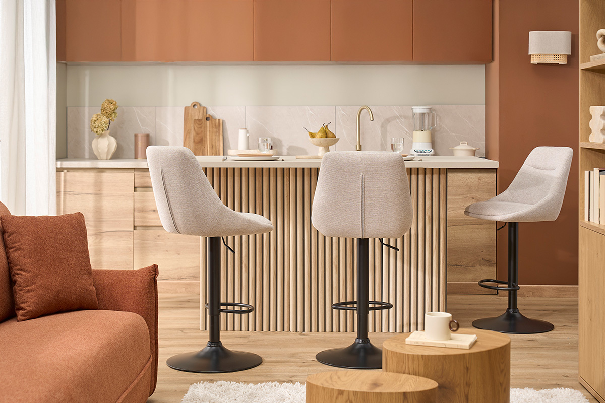 Taburetes de bar ajustables giratorios 360� en tela efecto terciopelo texturizado beige y metal (juego de 2) ALESS