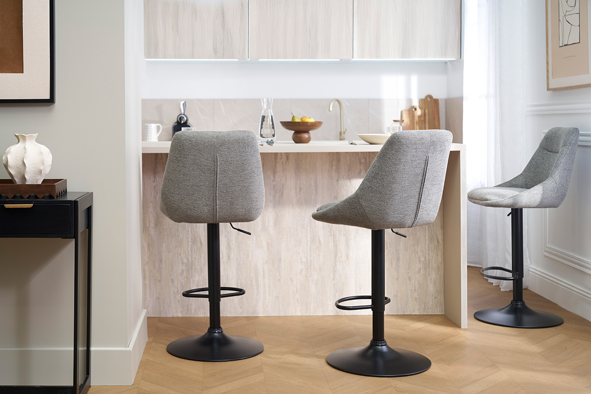 Taburetes de bar ajustables y giratorios 360� en tela efecto terciopelo gris y metal (conjunto de 2) ALESS