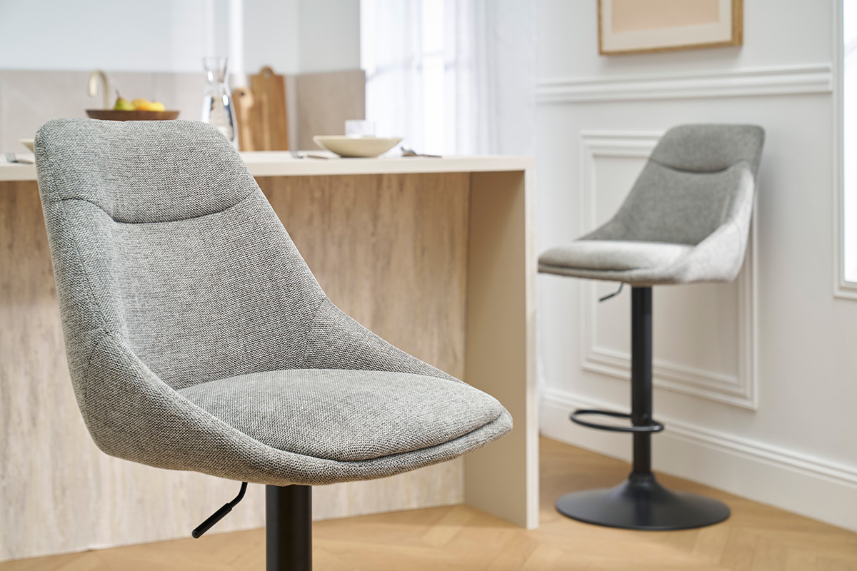 Taburetes de bar ajustables y giratorios 360� en tela efecto terciopelo gris y metal (conjunto de 2) ALESS