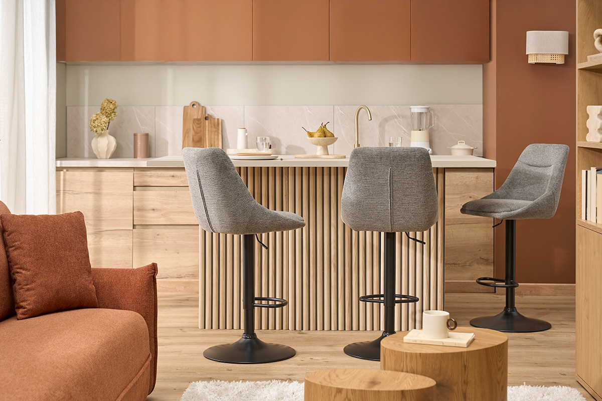 Taburetes de bar ajustables y giratorios 360� en tela efecto terciopelo gris y metal (conjunto de 2) ALESS