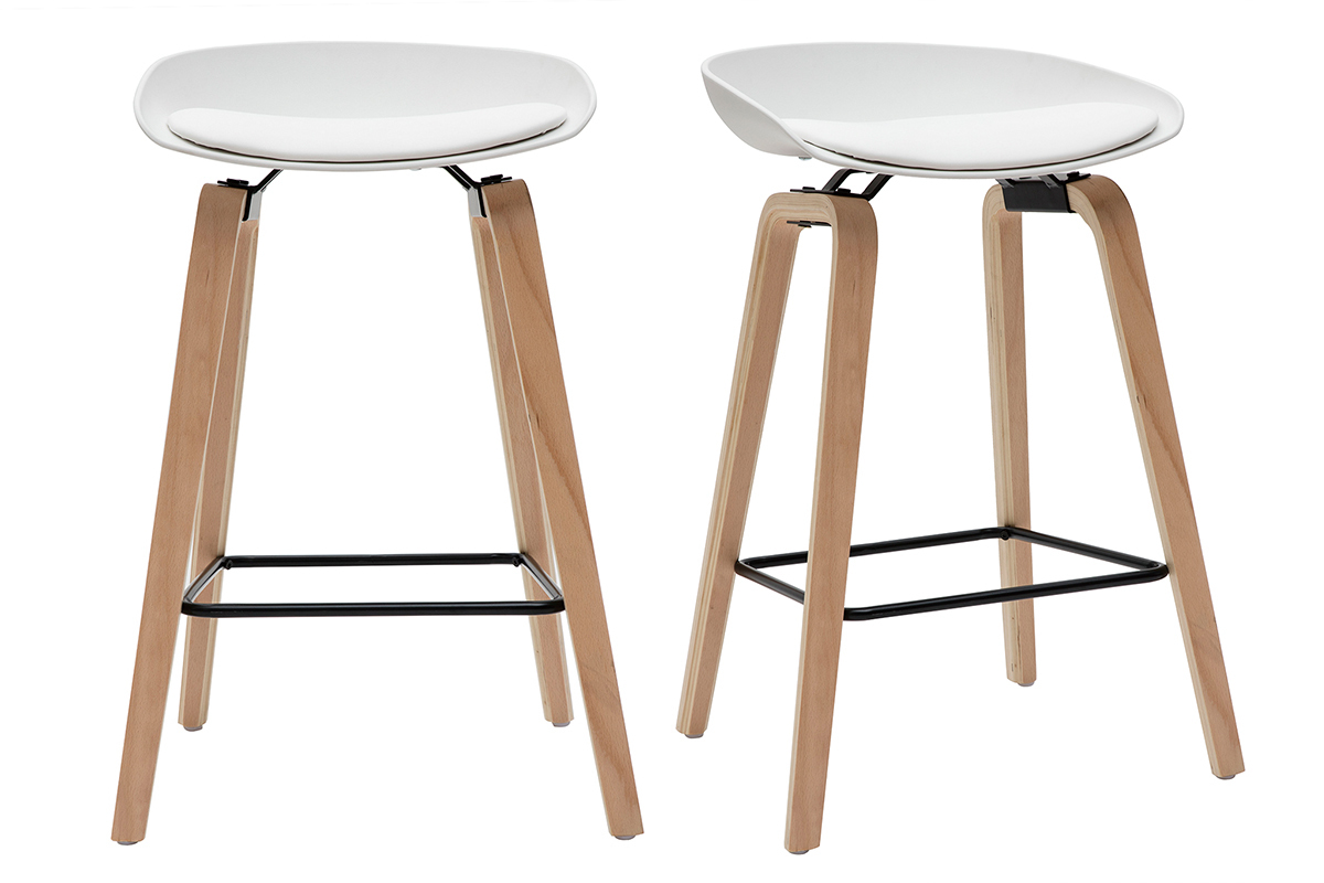 Taburetes de bar blanco y patas madera 65 cm (lote de 2) LINO