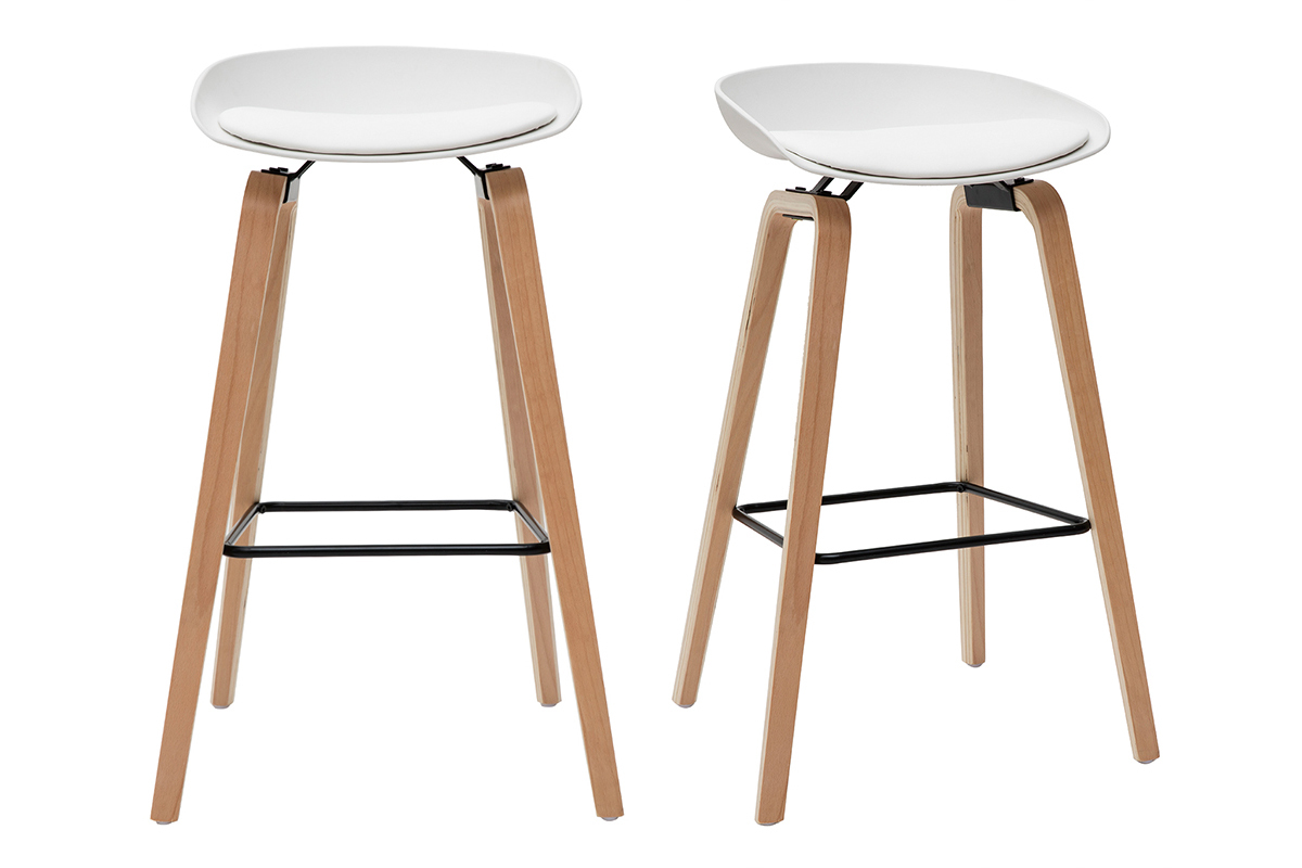 Taburetes de bar blanco y patas madera 75 cm (lote de 2) LINO