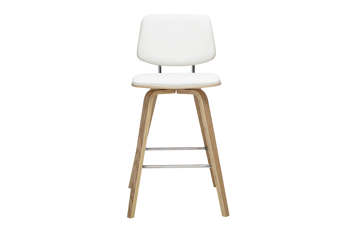 Taburete de bar blanco y madera clara, vista frontal, H66 cm, dise�o contempor�neo.
