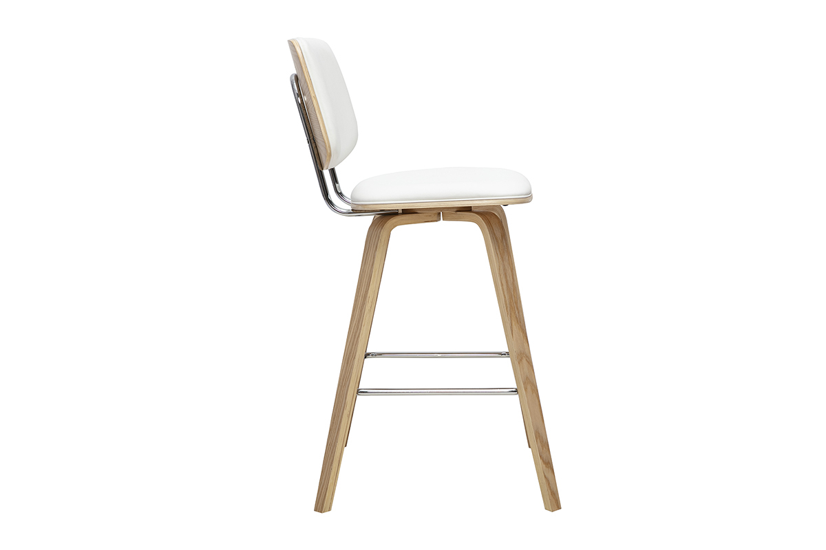 Taburete de bar blanco y madera clara visto de perfil, altura 66 cm, dise�o moderno.