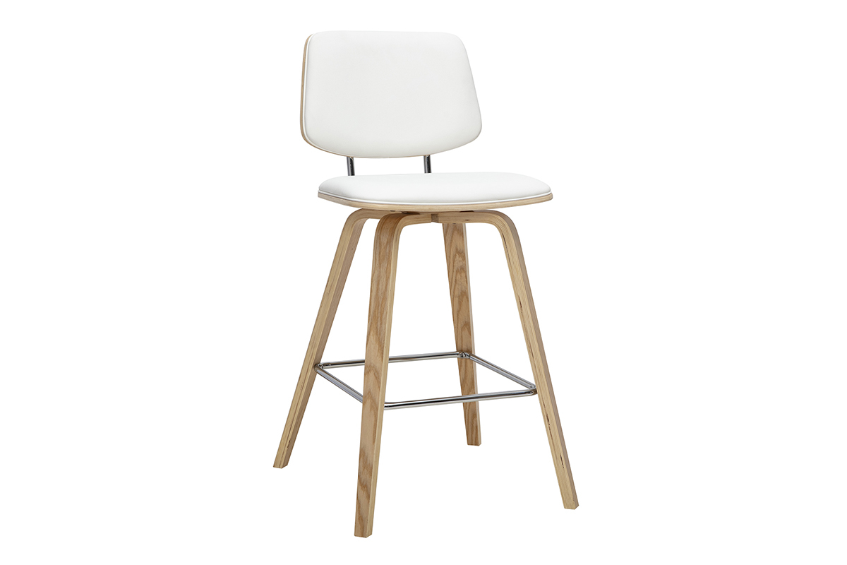 Taburete de bar blanco con asiento de poliuretano y patas de madera clara, vista de 3/4.