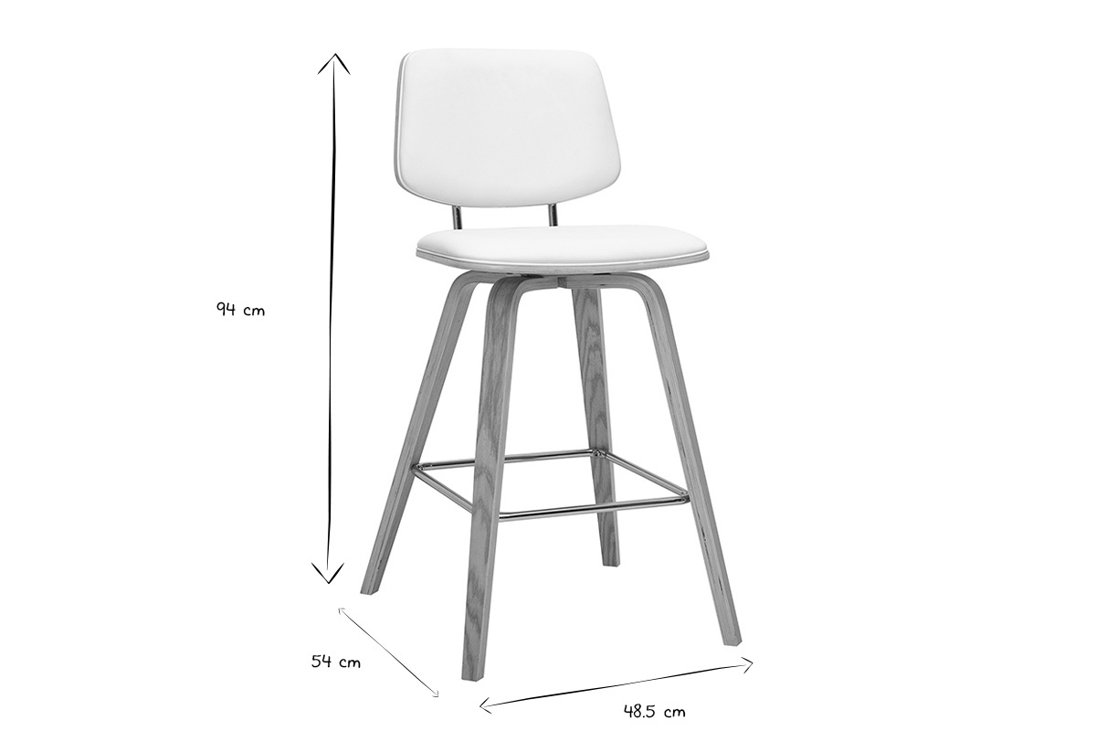 Taburete de bar blanco SEGUR con dimensiones de 94 cm de alto, 54 cm de profundidad y 48,5 cm de ancho en blanco y negro.
