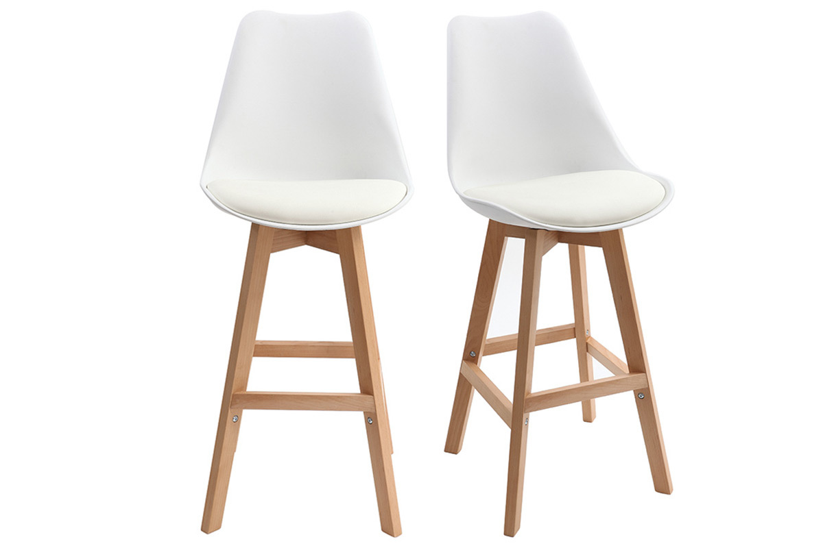 Taburetes de bar de dise�o blanco y madera H65.5 cm (lote de 2) PAULINE