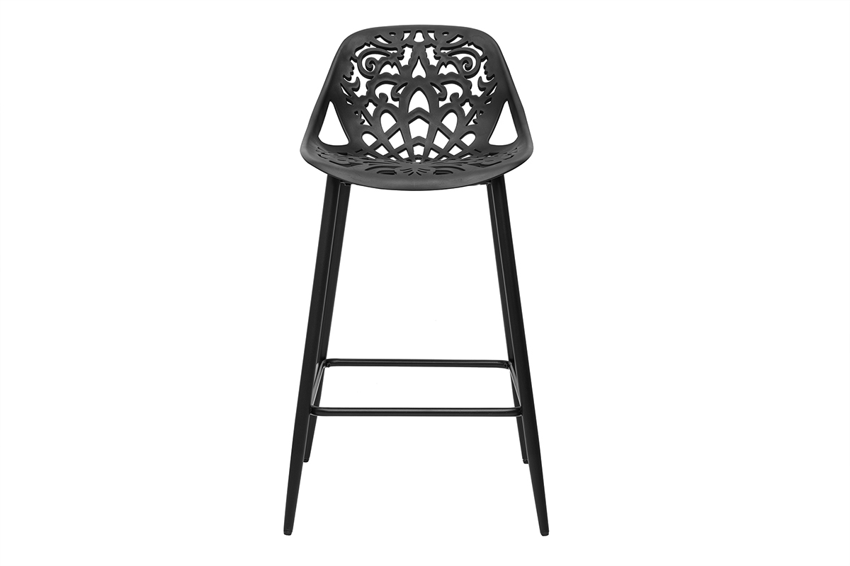 Taburete de bar negro con motivo barroco, vista frontal.