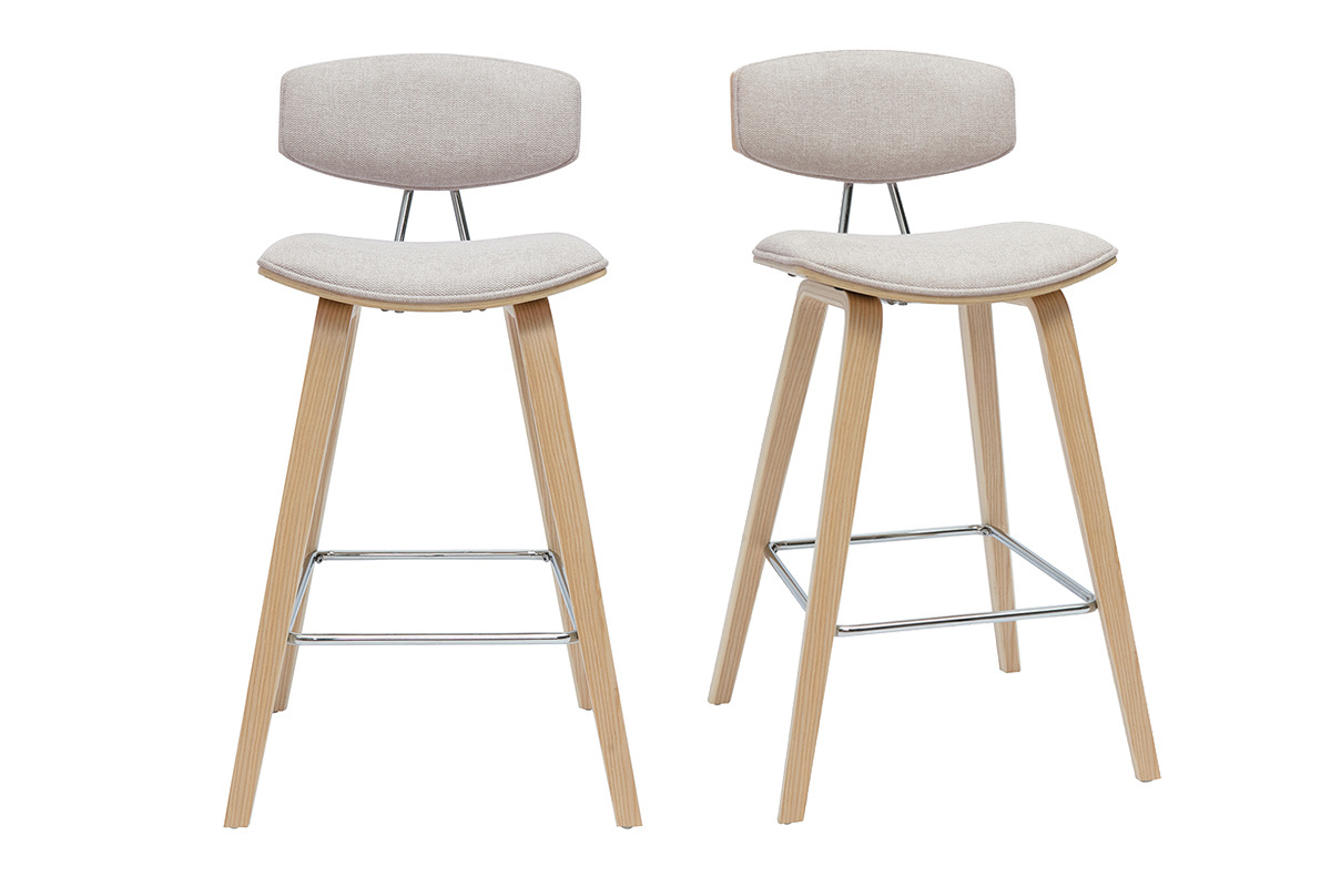 Taburetes de bar de diseo de terciopelo texturizado beige y madera clara de 69 cm de altura (juego de 2) VASCO
