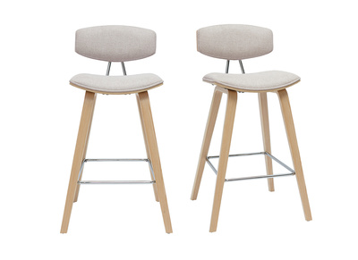 Taburetes de bar de diseño de terciopelo texturizado beige y madera clara de 69 cm de altura (juego de 2) VASCO