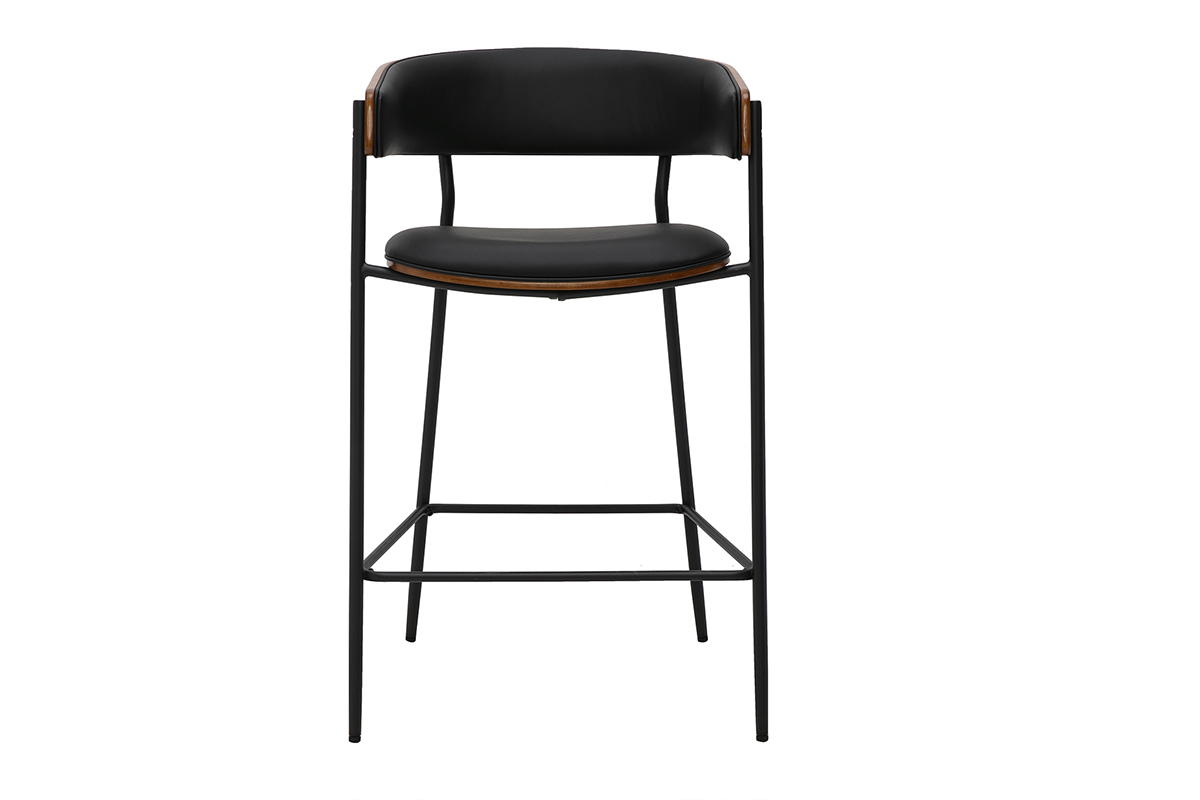 Taburete de bar de dise�o negro y madera nogal, H66.5 cm, vista frontal