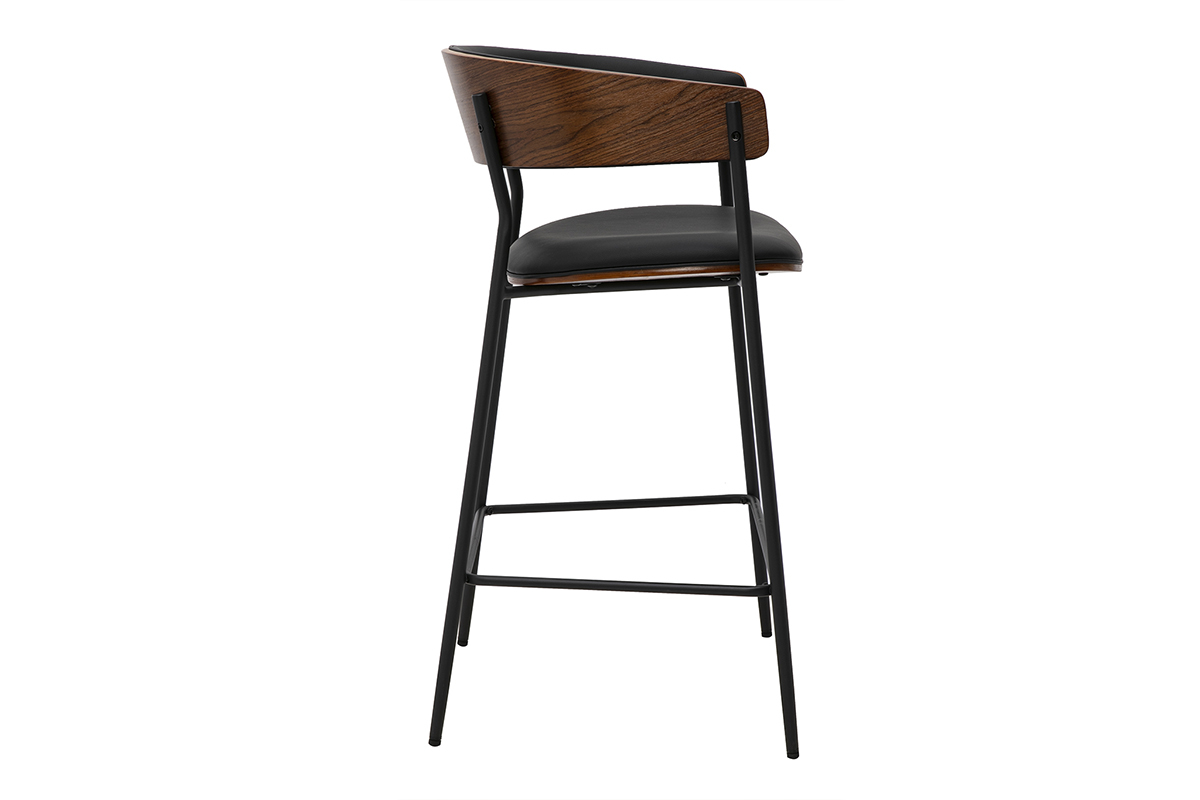 Taburete de bar DANTE en negro y madera nogal, vista de perfil con respaldo.