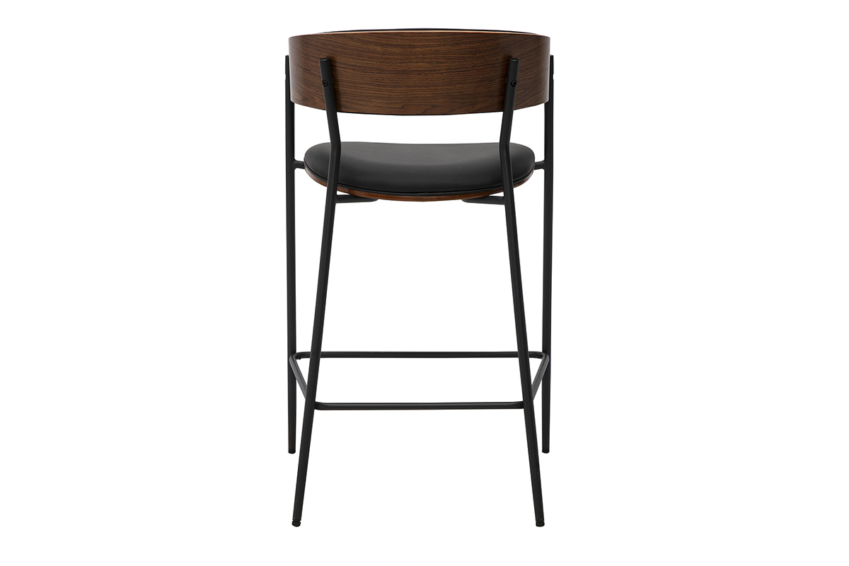 Taburete de bar de dise�o negro y madera de nogal, vista trasera, altura 66,5 cm.