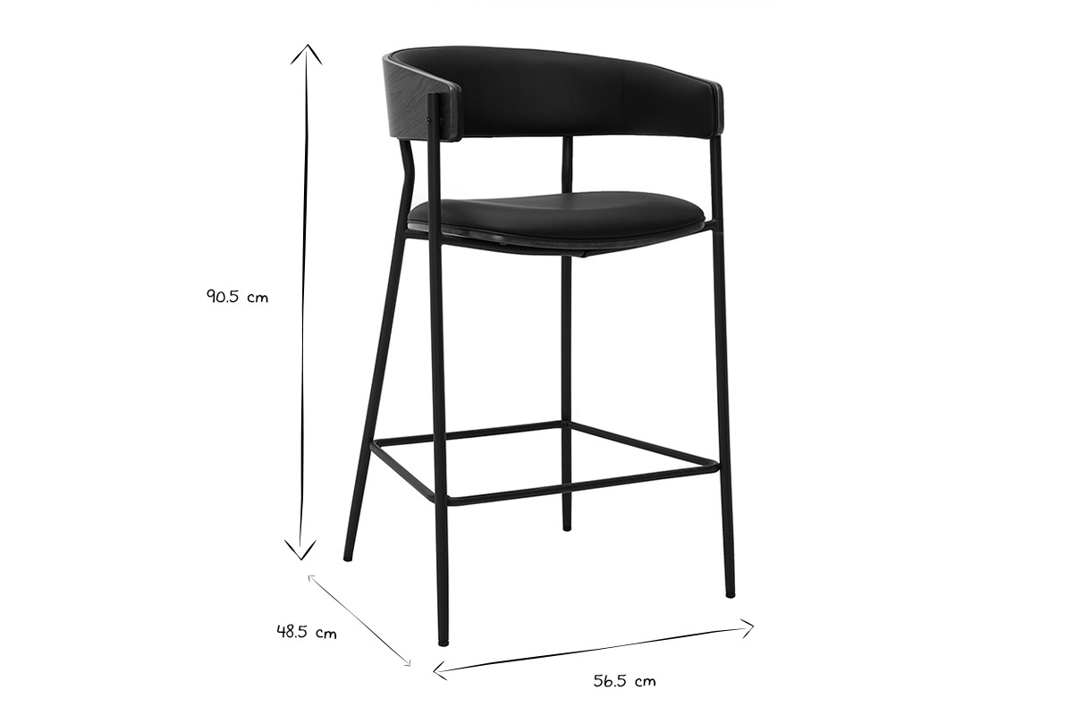 Dimensiones de los taburetes de bar DANTE en negro y blanco: H90.5 x L56.5 x P48.5 cm.