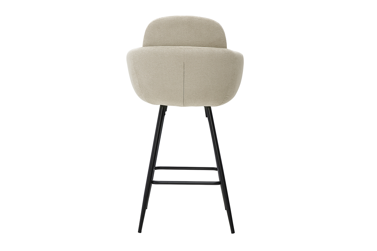 Taburete de bar beige de tela con efecto terciopelo texturizado, vista trasera, patas de metal negro.
