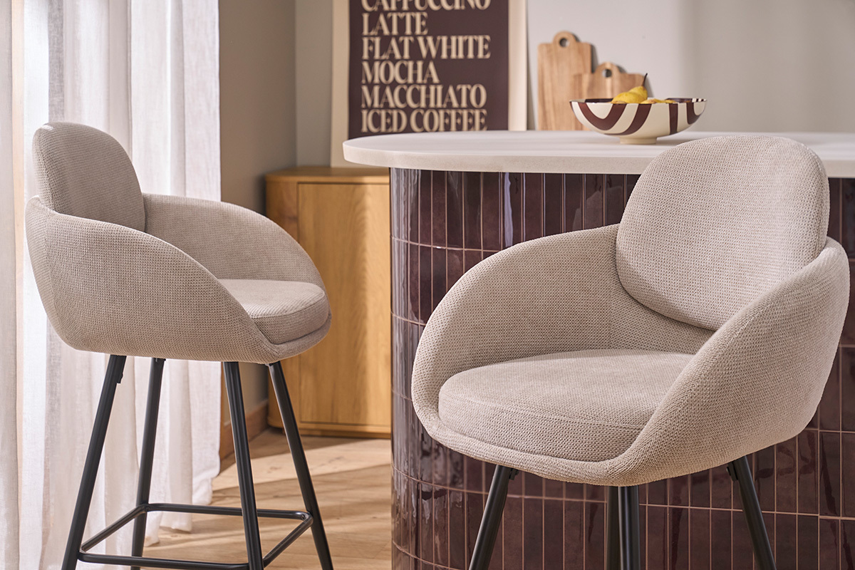Taburetes de bar de tejido chenilla beige y metal negro H68.5 cm (lote de 2) SLAKE