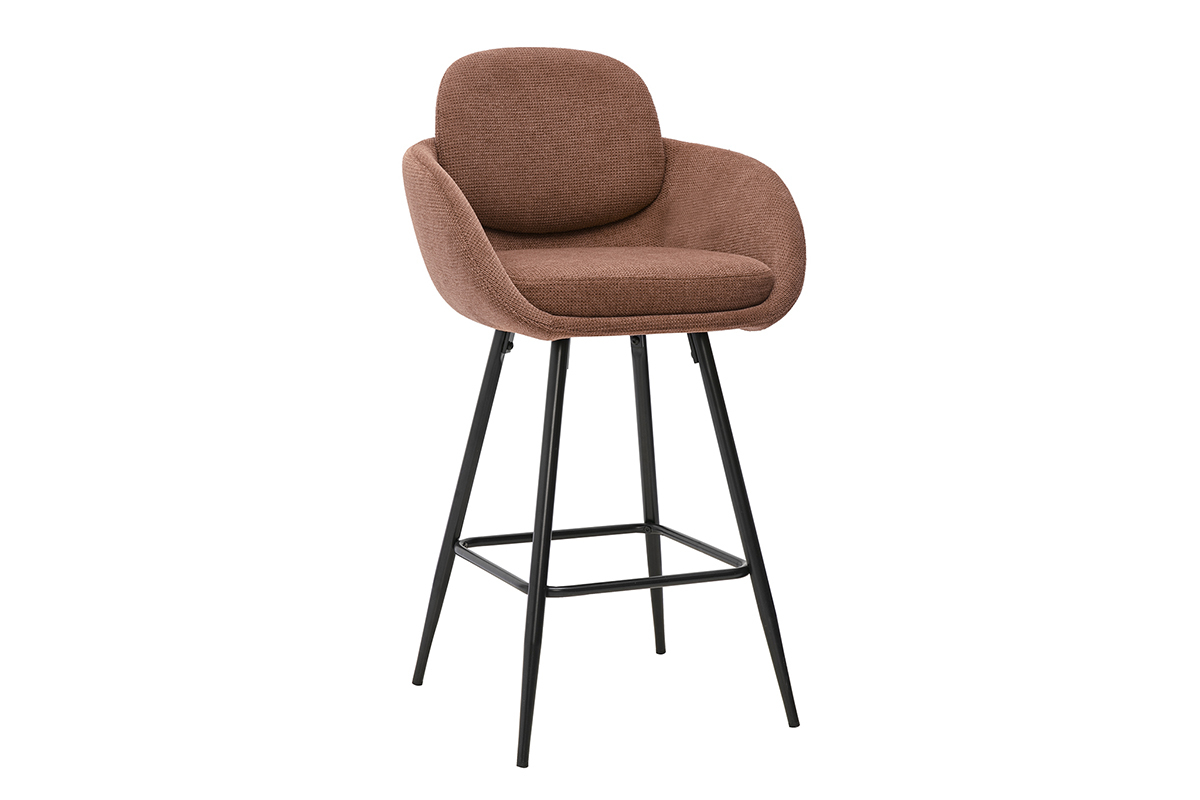 Taburete de bar de tela de chenilla color tierra quemada y metal negro, vista de perfil, altura 68,5 cm.