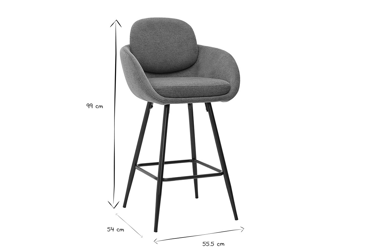 Dimensiones del taburete de bar: altura 99 cm, profundidad 54 cm, ancho 55,5 cm en blanco y negro.