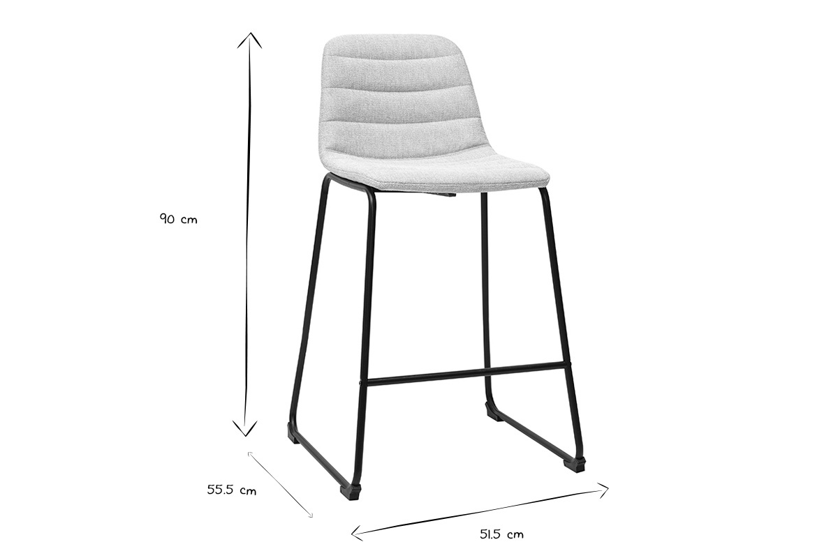 Dimensiones del taburete SAURY en negro y blanco: H90 cm, L51,5 cm, P55,5 cm.