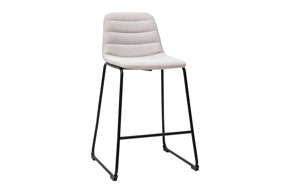Taburete de bar de tela beige y metal, vista en 3/4, altura 64 cm