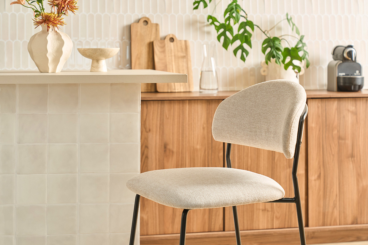 Taburetes de bar de tela efecto terciopelo texturizado beige H64 cm (lote de 2) BENTA